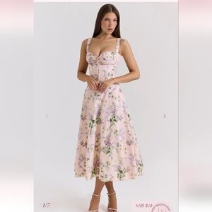 House Of Cb Rosaleepink floral corset midi dress